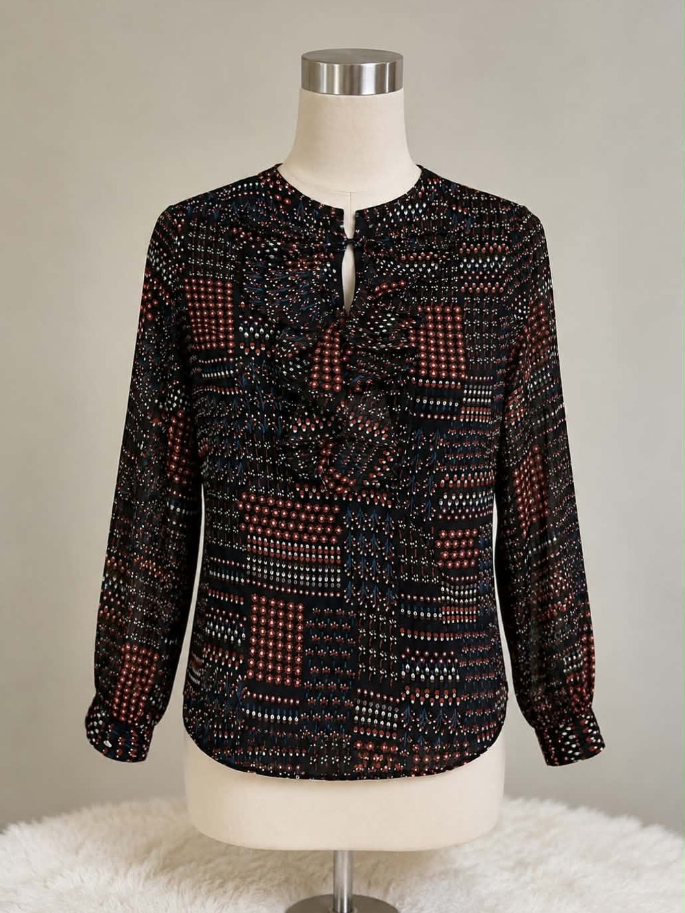 Tommy Hilfiger Black Multicolor Geometric Ruffle-Front Blouse